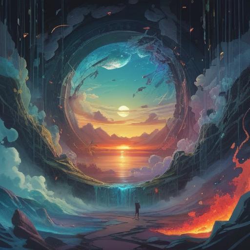 A surreal dreamscape depicting shattered objects, ethereal symbolism, a representation of spiritual transformation, fractured glass reflecting light, clouds swirling in a mystical sky, vibrant colors illustrating emotional turmoil, abstract shapes representing subconscious thoughts, a sense of release and renewal, 4k