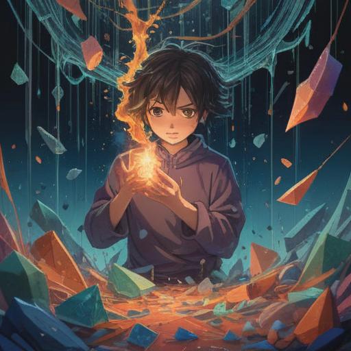 A surreal dream scene depicting broken objects symbolizing spiritual awakening, shattered glass reflecting light, floating fragments representing thoughts and emotions, ethereal colors blending harmoniously, serene atmosphere, a figure contemplating the meaning of the dream, delicate rays of light illuminating the scene, enchanting and thought-provoking, 4k