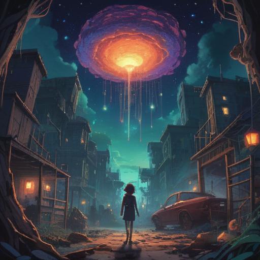 A surreal dreamscape illustration, broken objects symbolizing transformation, ethereal colors, a night sky filled with stars, shadowy figures representing spiritual guides, dreamlike atmosphere, subtle light illuminating the fragments, reflective mood, 4k