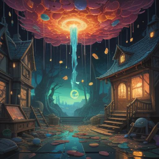 A surreal scene depicting a shattered object surrounded by glowing lucky charms, whimsical floating elements, vivid colors, a dreamlike atmosphere, playful interactions of the charms, intricate details on each charm, a sense of wonder, 4k resolution