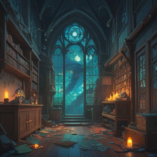 A mystical scene depicting broken objects symbolizing the end of relationships, ethereal light illuminating shattered glass and worn-out items, spiritual symbols subtly integrated into the background, a sense of caution and awareness, serene colors, delicate details representing emotional energy, dreamlike atmosphere, 4k