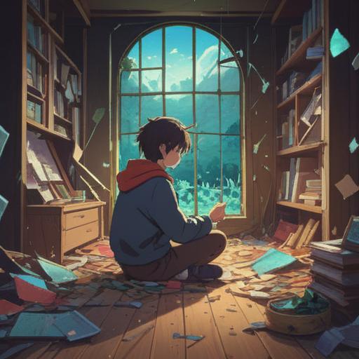 A symbolic illustration of broken objects scattered around a person, shards reflecting light, representing opportunities for self-discovery, diverse colors, emotional expression on the person's face, a sense of hope and renewal, detailed texture of broken pieces, soft glow, whimsical elements, 4k