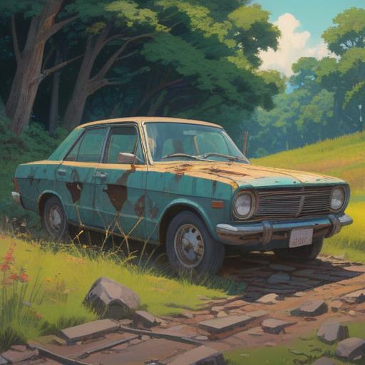 A broken car symbolizing spiritual transformation, abandoned vehicle in a tranquil landscape, nature reclaiming the metal, ethereal light illuminating the scene, vibrant colors merging with muted tones, juxtaposition of decay and rebirth, mystical aura surrounding the car, reflective surfaces, delicate details on rust and foliage, 4k