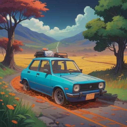 A serene landscape depicting a broken car on a scenic road, vibrant nature surrounding the scene, symbolizing spiritual growth and new beginnings, soft sunlight filtering through trees, a winding path ahead suggesting a journey, calming colors, a sense of peace and renewal, 4k