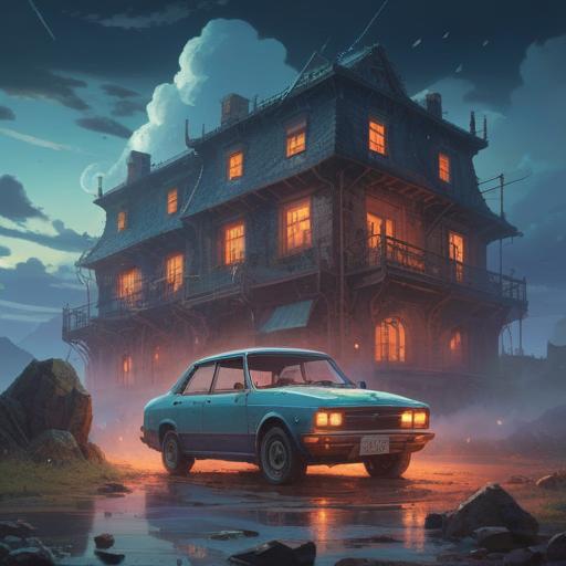 A surreal scene depicting a broken car, symbolic spiritual signs surrounding it, like ethereal lights and mist, a hidden message in the clouds, a road vanishing into the horizon, a sense of urgency and caution in the air, vibrant colors contrasting with darker tones, mystical aura, detailed textures, 4k