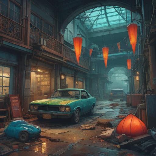 A car experiencing a breakdown, lucky accessories scattered around, vibrant colors, focus on the accessories, detailed textures on the car, distressed vehicle showing wear and tear, optimistic atmosphere, hints of hope and resilience, clear depiction of the theme, 4k