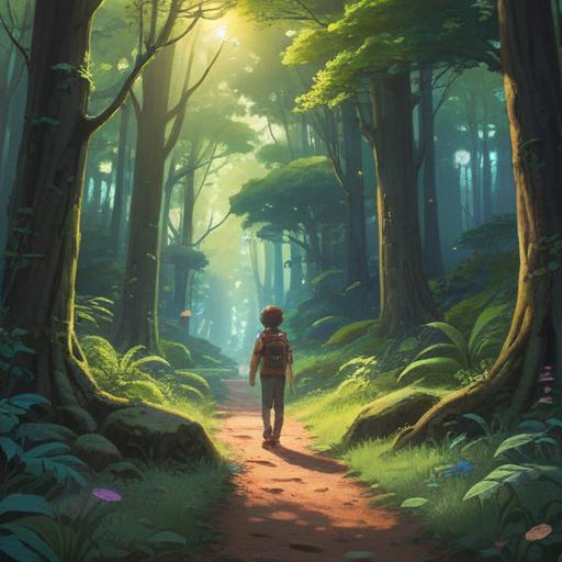 A serene landscape depicting a path through a lush forest, sunlight filtering through the trees, a figure standing at the start of the path looking determined, subtle signs of past challenges along the way, symbolizing resilience and courage, vibrant colors, inviting atmosphere, inspirational mood, 4k