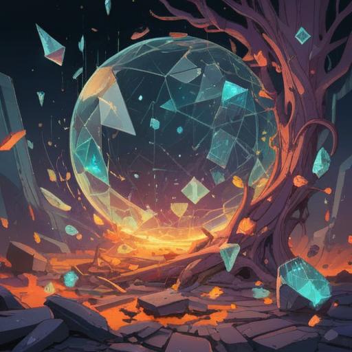 A surreal illustration depicting the spiritual significance of broken objects, shattered glass shimmering with ethereal light, fragments symbolizing transformation and renewal, abstract patterns emerging from the cracks, a dreamy atmosphere conveying a sense of awakening, vibrant colors blending with shadows, intricate details portraying the deeper meanings, 4k