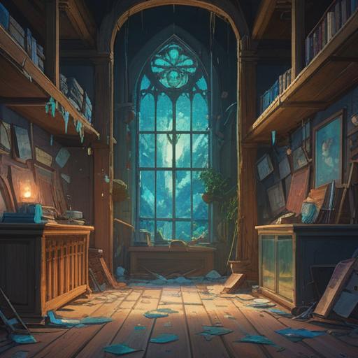 A mystical scene depicting the symbolism of broken objects as a spiritual good sign, shards of glass reflecting light, gentle rays illuminating the fragments, an ethereal aura, lush greenery in the background, a peaceful and serene atmosphere, a figure meditating nearby, embracing transformation and renewal, symbolism of rebirth, 4k