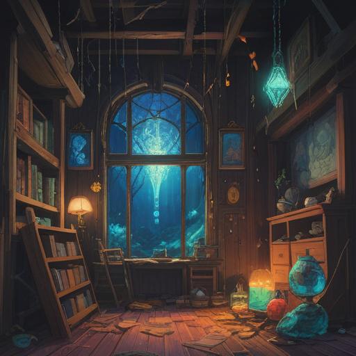 A dramatic scene of broken objects, symbolic spiritual signs around, fragments of glass and wood softly illuminated, ethereal energy flowing through the air, elements of caution and intuition represented, a mystical atmosphere, vibrant colors indicating warnings, shadows and light interplaying, surreal landscape in the background, 4k