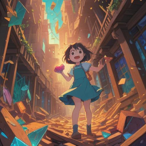 A positive and uplifting illustration depicting the moment an object is broken, shards sparkling in the light, a person smiling while picking up pieces, bright and cheerful colors, a sense of hope and renewal, a serene environment, thoughtful reflection, encouraging atmosphere, 4k