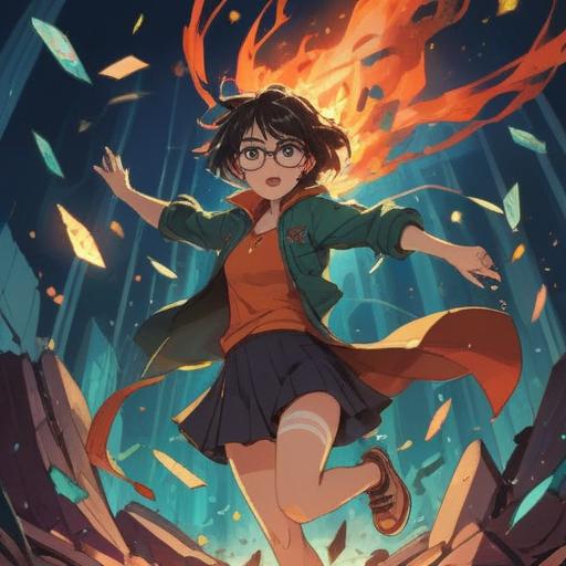 A dramatic scene depicting the moment of an object breaking, shards flying in various directions, glasses symbolizing clarity and deeper insight, a mystical aura surrounding the glasses, contrasting emotions of fragility and enlightenment, vibrant colors highlighting the chaos, 4k resolution