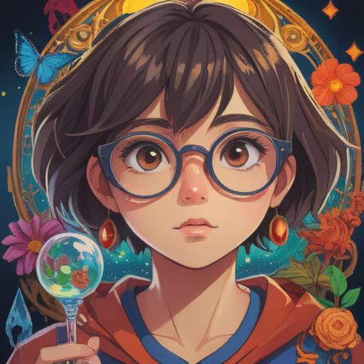 A whimsical illustration of a broken pair of glasses with a lucky charm nearby, vibrant colors, a magical aura surrounding the charm, playful atmosphere, detailed textures, soft light reflecting off the glass shards, elements of good luck intertwined, 4k