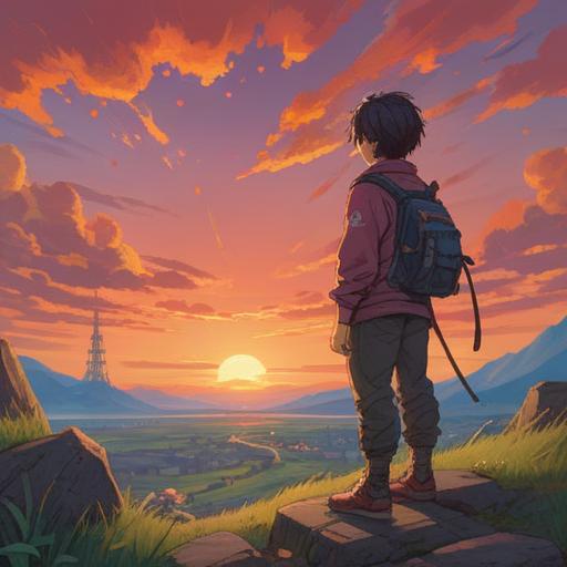 A thoughtful scene depicting a person standing at a crossroads, contemplating their choices, vibrant sunset illuminating the sky, symbolic signs pointing in different directions, emotional expression on their face, surrounded by nature, rich colors, serene atmosphere, reflective mood, 4k