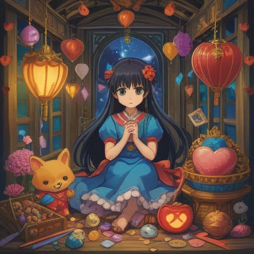 A beautifully arranged display of lucky items for improving love fortune, featuring a colorful assortment of charms, heart-shaped objects, and romantic symbols, set in an enchanting setting, warm lighting, inviting atmosphere, intricate details on each item, 4k