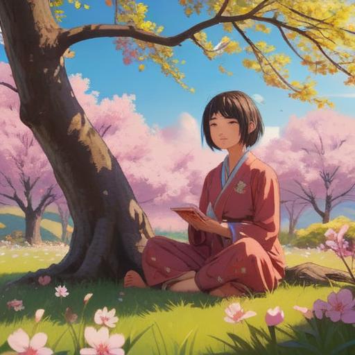 A serene landscape depicting a person meditating under a blooming cherry blossom tree, vibrant petals falling gently, soft sunlight filtering through branches, a tranquil river flowing nearby, a sense of inner peace and openness to love, warm color palette, harmonious atmosphere, detailed character expression showcasing hope and positivity, 4k
