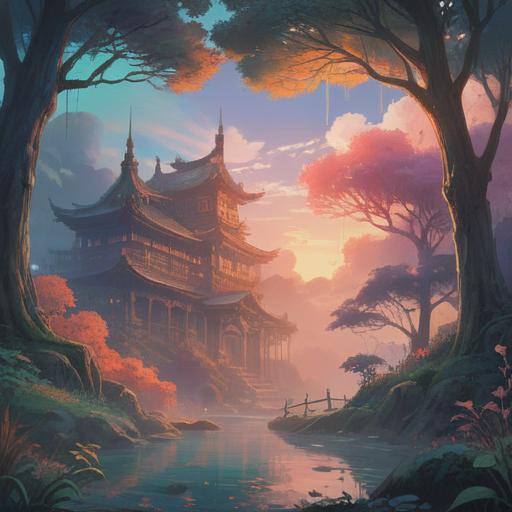 A serene illustration of a peaceful landscape, ethereal mist rising, soft light illuminating the scene, symbolic objects fading away, representing the spiritual essence of letting go, harmonious colors, a sense of tranquility and renewal, nature elements intertwined with spiritual motifs, uplifting atmosphere, 4k