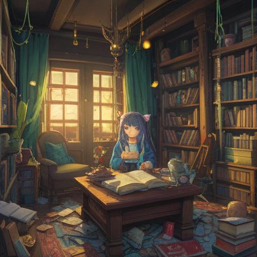 A whimsical illustration of a lucky charm, beautifully crafted with intricate designs, surrounded by falling objects like books, vases, and toys, depicting a moment of chaos transformed into serendipity, vibrant colors, dynamic composition, cheerful atmosphere, 4k