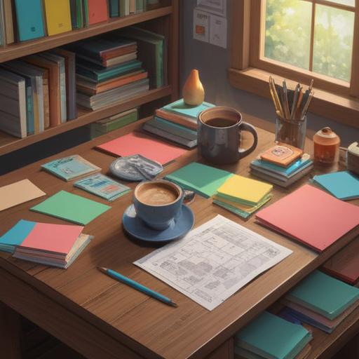 A collection of neatly organized documents and notes on a wooden desk, surrounded by colorful sticky notes, a steaming cup of coffee, a vintage typewriter, warm sunlight streaming through a window, inviting and cozy atmosphere, attention to detail, 4k