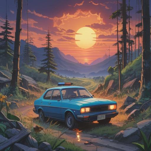 A surreal illustration depicting a serene landscape with a car accident in the foreground, soft ethereal lights illuminating the scene, symbolic elements representing growth and transformation, a gentle aura surrounding the accident site, nature reclaiming the area with vibrant flowers and plants, a mysterious figure observing from a distance, calming color palette, dreamlike atmosphere, 4k