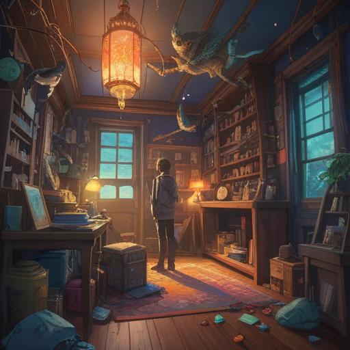 A serene digital painting, a cluttered room with scattered items, an ethereal light illuminating the space, a figure contemplating their belongings, spiritual symbols in the background, a sense of introspection and emotional release, the atmosphere reflecting clarity and purpose, soft warm tones, 4k