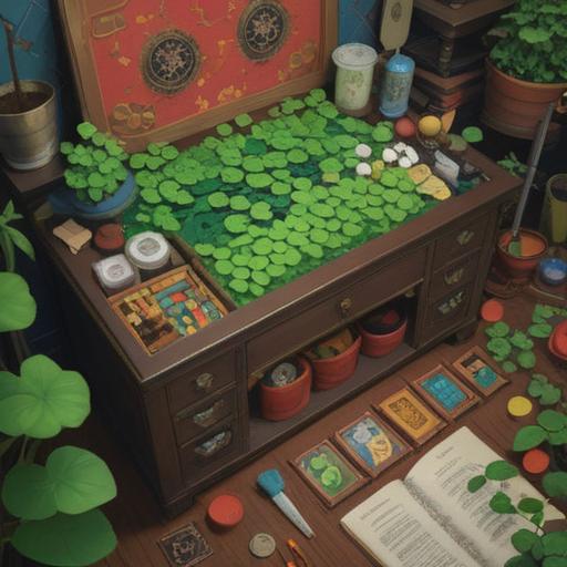 A colorful flat lay of various lucky items that inspire decluttering, such as a four-leaf clover, a small charm, a lucky coin, a minimalist bracelet, a vibrant colored notebook, and a clean workspace, emphasizing a sense of renewal and positivity, bright lighting, harmonious composition, inviting atmosphere, high resolution