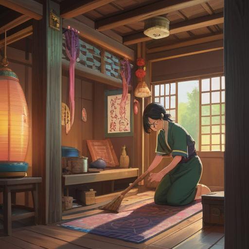 A serene interior scene depicting a person cleaning a traditional Japanese butsudan, subtle spiritual light emanating from the altar, peaceful atmosphere, soft morning sunlight filtering through the window, symbolic items neatly arranged, a sense of calm and gratitude, 4k
