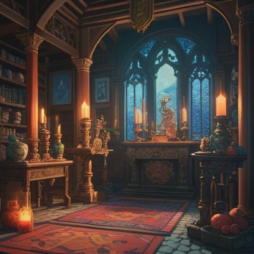 A serene and peaceful scene depicting an altar after cleaning, various auspicious items placed on the altar, soft light illuminating the space, traditional Japanese decor, subtle hints of spirituality, calm atmosphere, vibrant colors of the auspicious items, well-organized arrangement, 4k