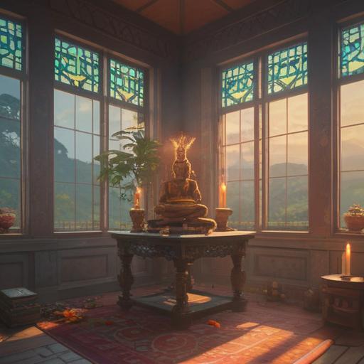 A serene scene of a cleaned Buddhist altar, fresh flowers, vibrant incense smoke swirling, soft light filtering through a window, peaceful atmosphere, mindful meditation practice, spiritual energy enhancement, harmonious balance, subtle details in the altar’s decor, tranquil setting, 4k