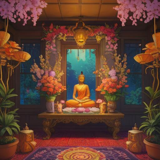 A serene arrangement of flowers on a traditional Buddhist altar, vibrant colors symbolizing spirituality, delicate petals and leaves reflecting tranquility, soft lighting creating a peaceful atmosphere, intricate details of the altar and surrounding items, harmonious composition, 4k