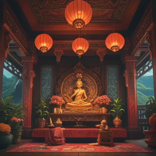 A serene interior setting featuring a beautifully adorned Buddhist altar, vibrant flowers arranged respectfully around it, soft light illuminating the space, symbols of spirituality and peace, an atmosphere of reflection and contemplation, intricate details on the altar, calm and soothing colors, 4k