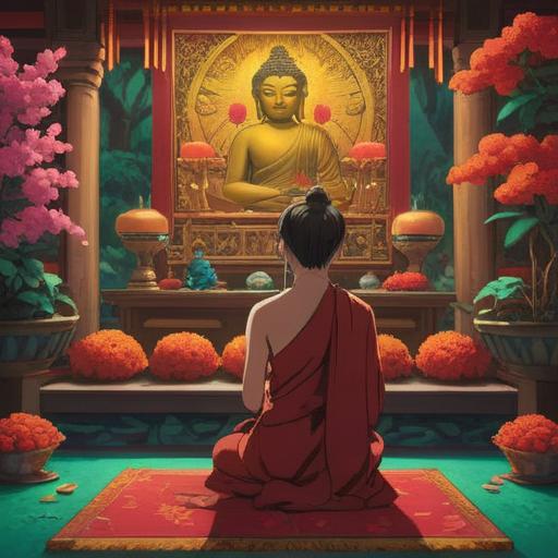 A serene scene of a person selecting flowers for a Buddhist altar, vibrant blooms reflecting lucky colors such as red, gold, and green, soft sunlight filtering through a window, calm and peaceful atmosphere, delicate flower arrangements, warm wood tones of the altar, symbolic imagery of spirituality, 4k