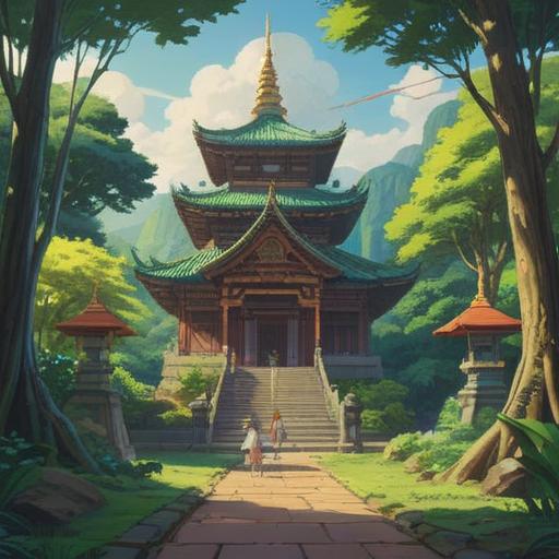 A serene and tranquil scene depicting the concept of spiritual connection in Buddhism, soft light illuminating a peaceful temple surrounded by lush greenery, a gentle stream flowing nearby, peaceful figures meditating, symbols of enlightenment scattered throughout, harmonious atmosphere, vibrant yet calming colors, 4k