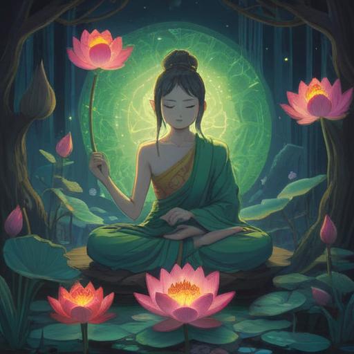 A serene illustration depicting spiritual signs inspired by Buddhist connections, soft light radiating from a lotus flower, symbols of peace and harmony, gentle meditation scene, vibrant colors reflecting positive energies, nature elements surrounding a meditative figure, tranquil atmosphere, 4k