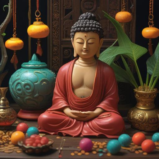 A vibrant still life composition, featuring traditional lucky items such as a small Buddha statue, colorful prayer beads, and incense, reflecting the theme of utilizing Buddhist connections for good fortune, surrounded by soft, natural lighting, rich textures, elements of serenity and spirituality, intricate details in the items, harmonious color palette, inviting atmosphere