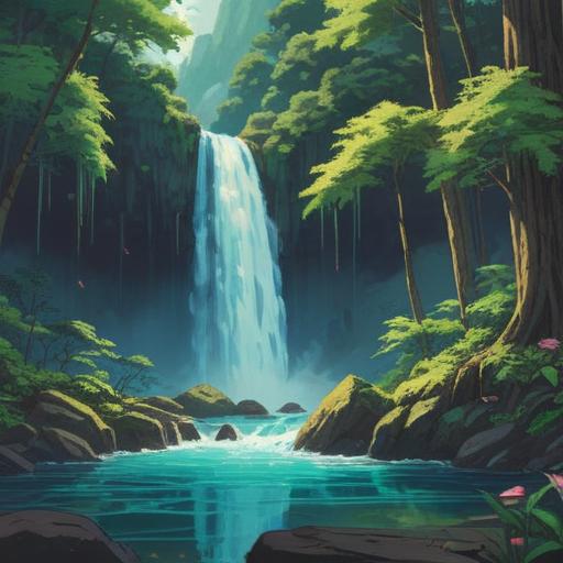 A serene landscape featuring Haraizawa Falls, cascading water reflecting vibrant greens and blues, surrounded by lush foliage, a tranquil atmosphere evoking spiritual significance, gentle mist rising from the water, sunlight filtering through the trees, harmonious blend of nature and spirituality, 4k