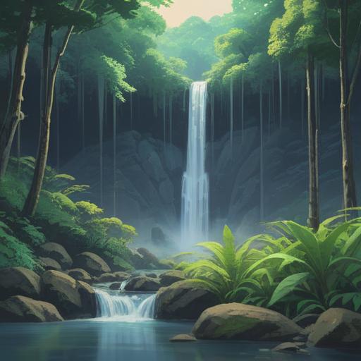 A serene landscape featuring the beautiful Harazawa Waterfall, surrounded by lush greenery, mystical mist rising from the water, a gentle light filtering through the trees, peaceful ambiance, symbolic elements representing spiritual signs, vibrant nature, tranquil scene, harmonious balance, 4k