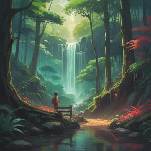 A serene forest scene depicting the approach to Harazawa Waterfall, mystical symbols in the air, soft light filtering through the trees, a sense of calm and tranquility, vibrant greenery, gentle flowing water, hints of spiritual guidance, inviting pathway, 4k