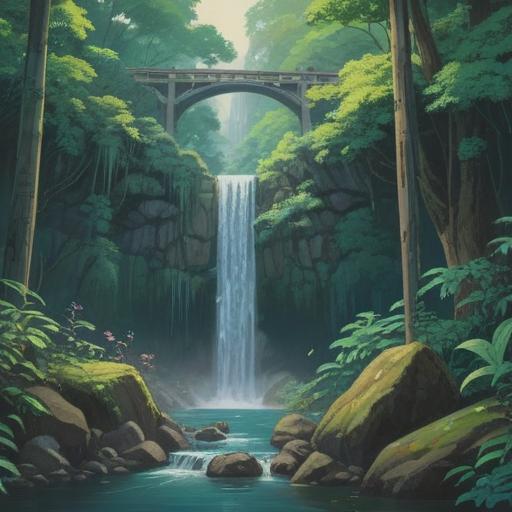 A serene nature scene depicting the beautiful Harazawa Falls, a hidden gem surrounded by lush greenery, capturing a tranquil moment after visiting the falls, with symbolic lucky items like a four-leaf clover and a small charm, bright sunlight filtering through the trees, gentle mist rising from the waterfall, vibrant colors, peaceful atmosphere, enchanting details, 4k
