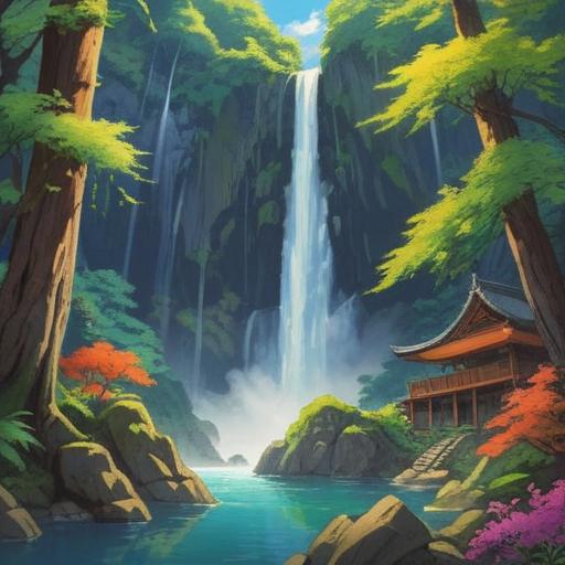 A scenic view of Haraizawa Falls, charming local souvenirs displayed beautifully, vibrant colors, a tranquil natural setting, lush greenery surrounding the waterfall, peaceful atmosphere, intricate details of traditional crafts, capturing the essence of Japanese culture, 4k