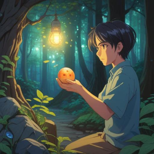 A serene illustration of a person holding a lucky stone, warm sunlight filtering through the trees, a tranquil environment, soft blues and greens, gentle smile on their face, surrounded by calming nature, peaceful expression, bright and hopeful atmosphere, 4k
