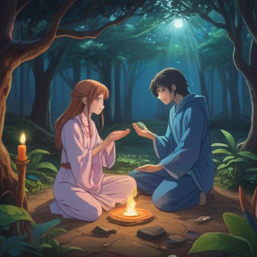 A serene and peaceful illustration, depicting a harmonious scene of two figures engaged in a spiritual healing session, soft glowing aura surrounding them, gentle nature elements like flowers and trees, calming colors, symbolic representations of emotional release, connection through energy, tranquil atmosphere, mystical vibes, 4k