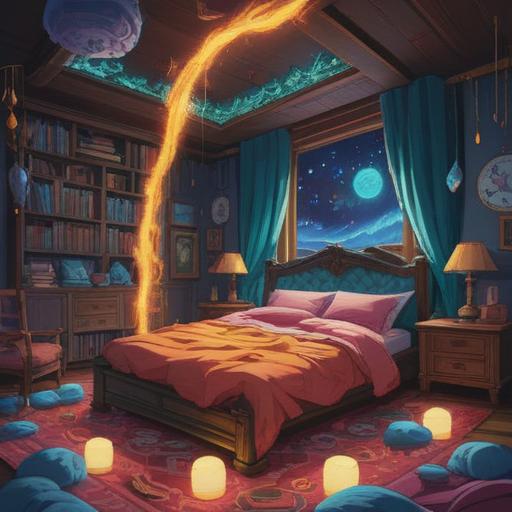 A restless soul lying in bed, unable to sleep due to frustration, surrounded by ethereal glowing symbols, a calming aura, hints of spiritual awakening, soft moonlight filtering through the window, serene yet troubled expression, mystical and dreamlike atmosphere, gentle wisps of energy, 4k
