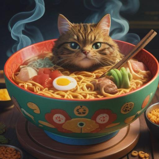 A whimsical illustration of a lucky charm food item, colorful and inviting design, a steaming bowl of ramen with a lucky cat figurine, surrounded by vibrant food elements like sushi and dumplings, cheerful atmosphere, playful details, 4k
