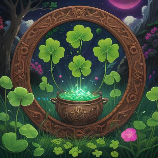 A serene illustration of various lucky items, such as a four-leaf clover, a horseshoe, and a wishbone, surrounded by vibrant flowers and soft sunlight, evoking a sense of happiness and tranquility, warm colors, detailed textures, cheerful atmosphere, 4k