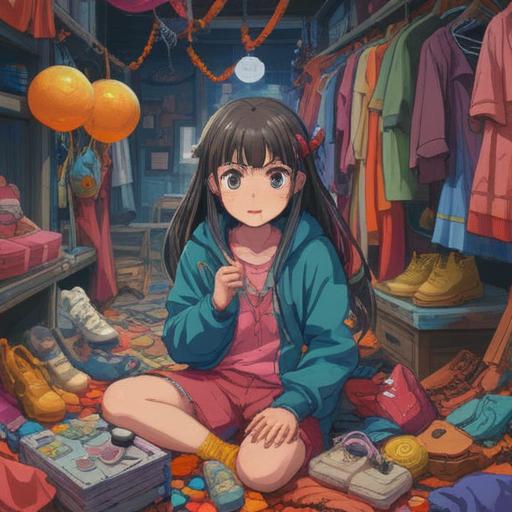 A conceptual illustration depicting the emotion of craving new clothes, vibrant colors, a person surrounded by clothing items representing desire, symbolic elements indicating spiritual awareness, ethereal light surrounding the figure, introspective atmosphere, detailed textures, thought-provoking imagery, 4k