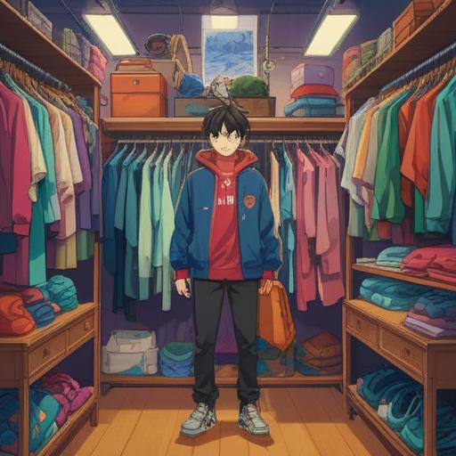 A vibrant illustration depicting a person joyfully trying on a collection of trendy lucky fashion items, colorful clothing hanging from a stylish rack, radiant smiles and positive energy, cheerful atmosphere, warm sunlight streaming through a window, accessories like hats and scarves adding charm, a cozy boutique setting, 4k