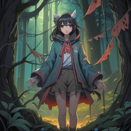 A surreal illustration depicting a figure with torn clothing, surrounded by ominous signs and symbols, ethereal glow, dark forest backdrop, haunting atmosphere, warning elements like shadows and unsettling shapes, reflective facial expression, mystical aura, dreamlike quality, 4k