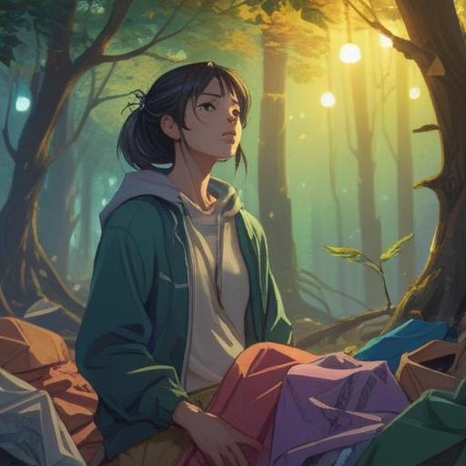 A serene and introspective scene, a person surrounded by discarded clothes, ethereal light illuminating their face, representing liberation and growth, trees symbolizing renewal in the background, gentle breeze suggesting change and transformation, calming color palette, spiritual aura, 4k