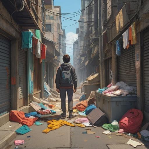 A motivational scene depicting a person standing on a street corner, surrounded by discarded clothes, feeling a sense of liberation, sunlight breaking through clouds, a determined expression, inviting energy of a new beginning, detailed urban background, inspiring atmosphere, 4k